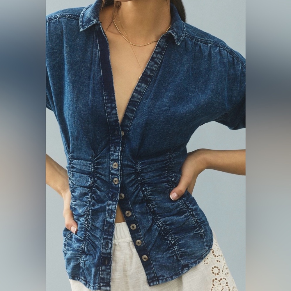 Anthropologie Pilcro Long-Sleeve Ruched Denim Top Large